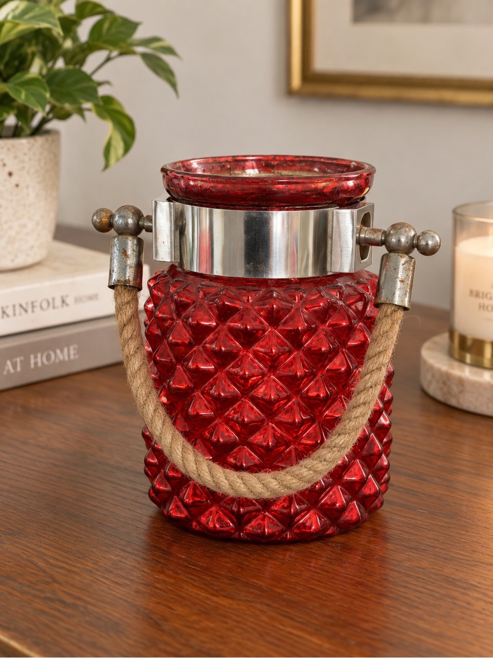 Red Textured Glass Lantern Candle Holder with Rope Handle Rustic Decor